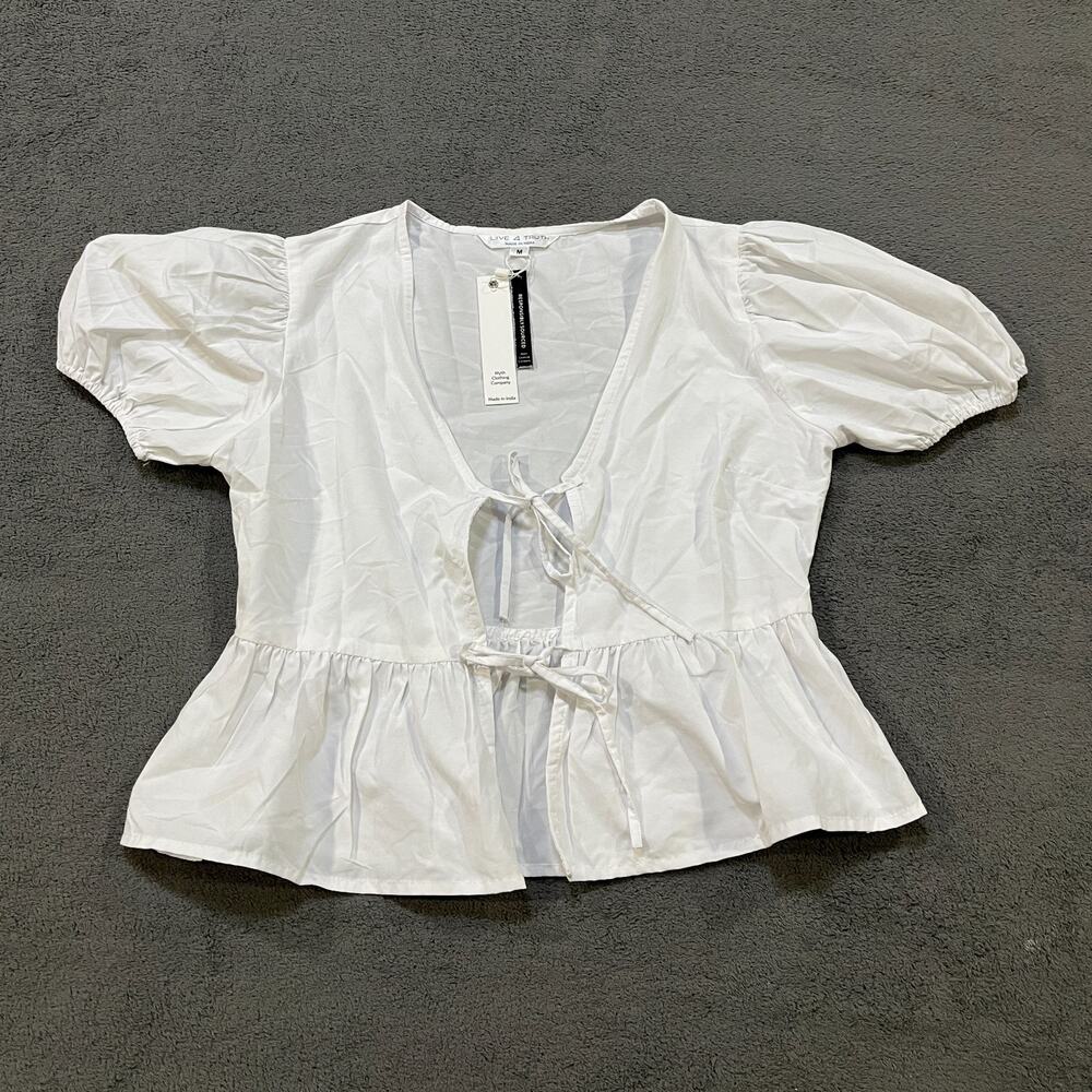 Live 4 Truth White Tie Front Peplum Top Puff Short Sleeve Women's Size M NWT